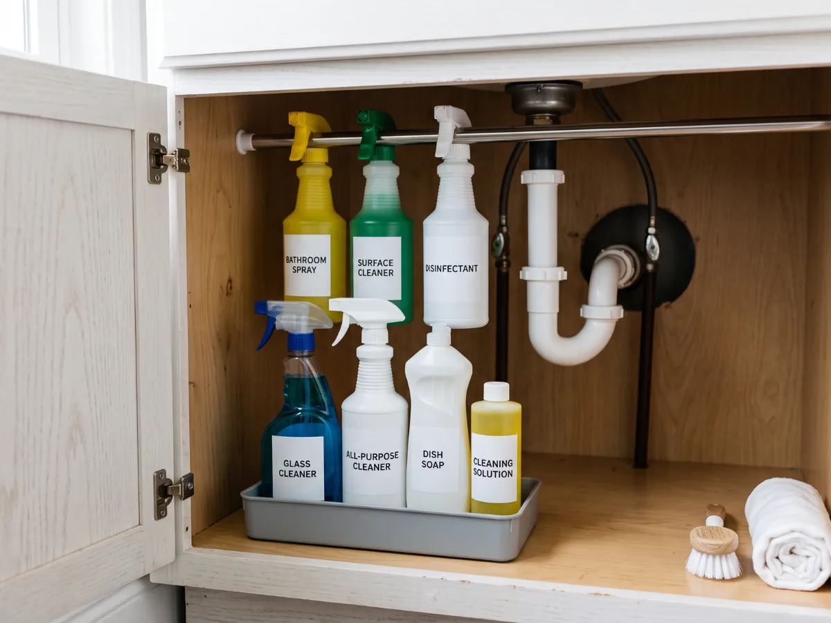 Under-sink cabinet with zoned bottles, tension rod and tray