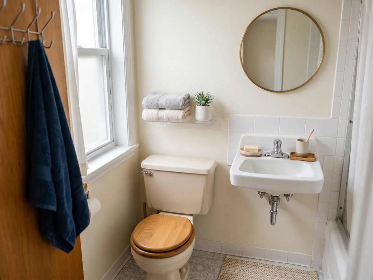 Bathroom door hooks, shelf with folded towels and clear counter