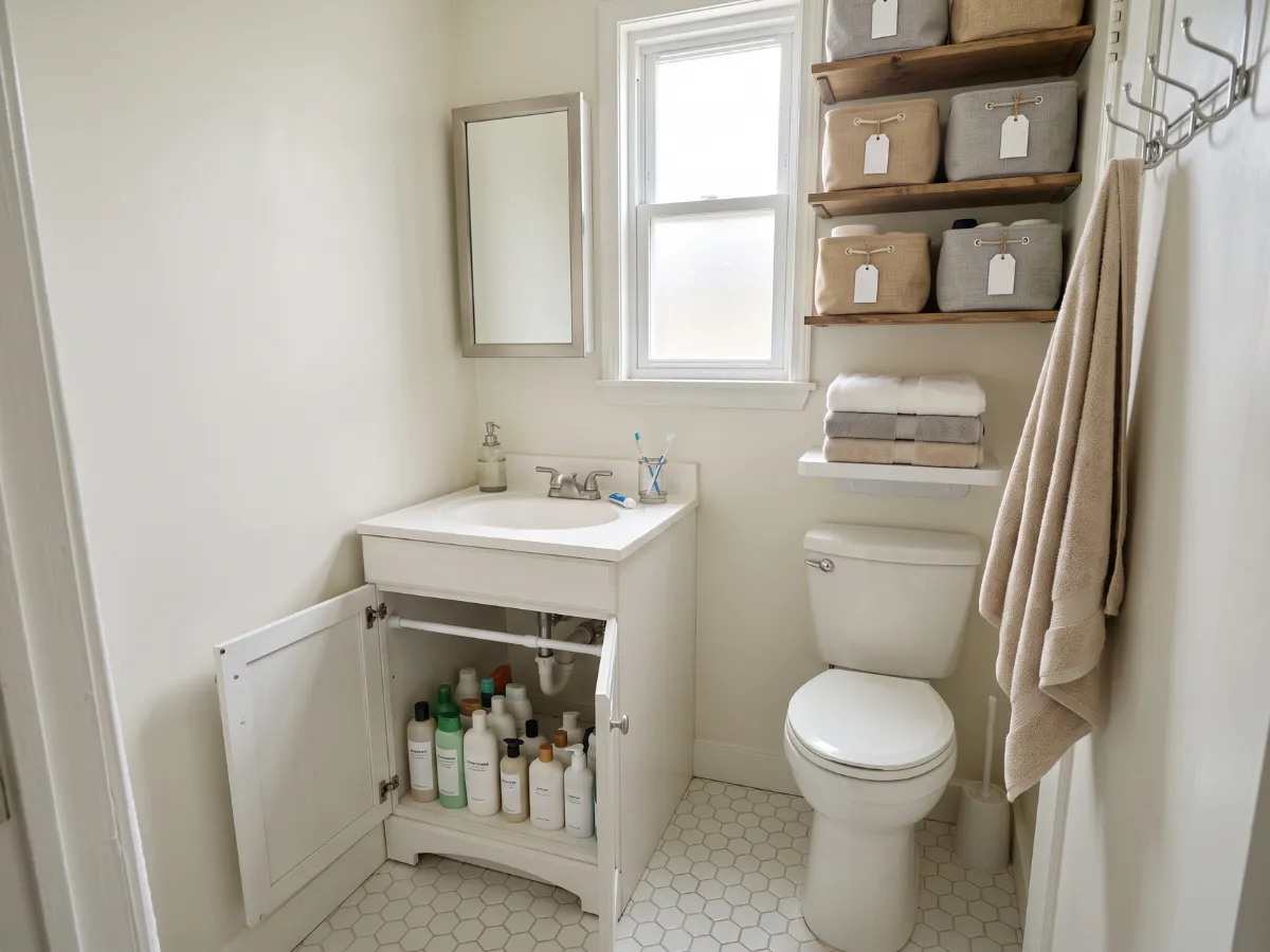Tidy small bathroom with under-sink zones, open shelves and labeled bins