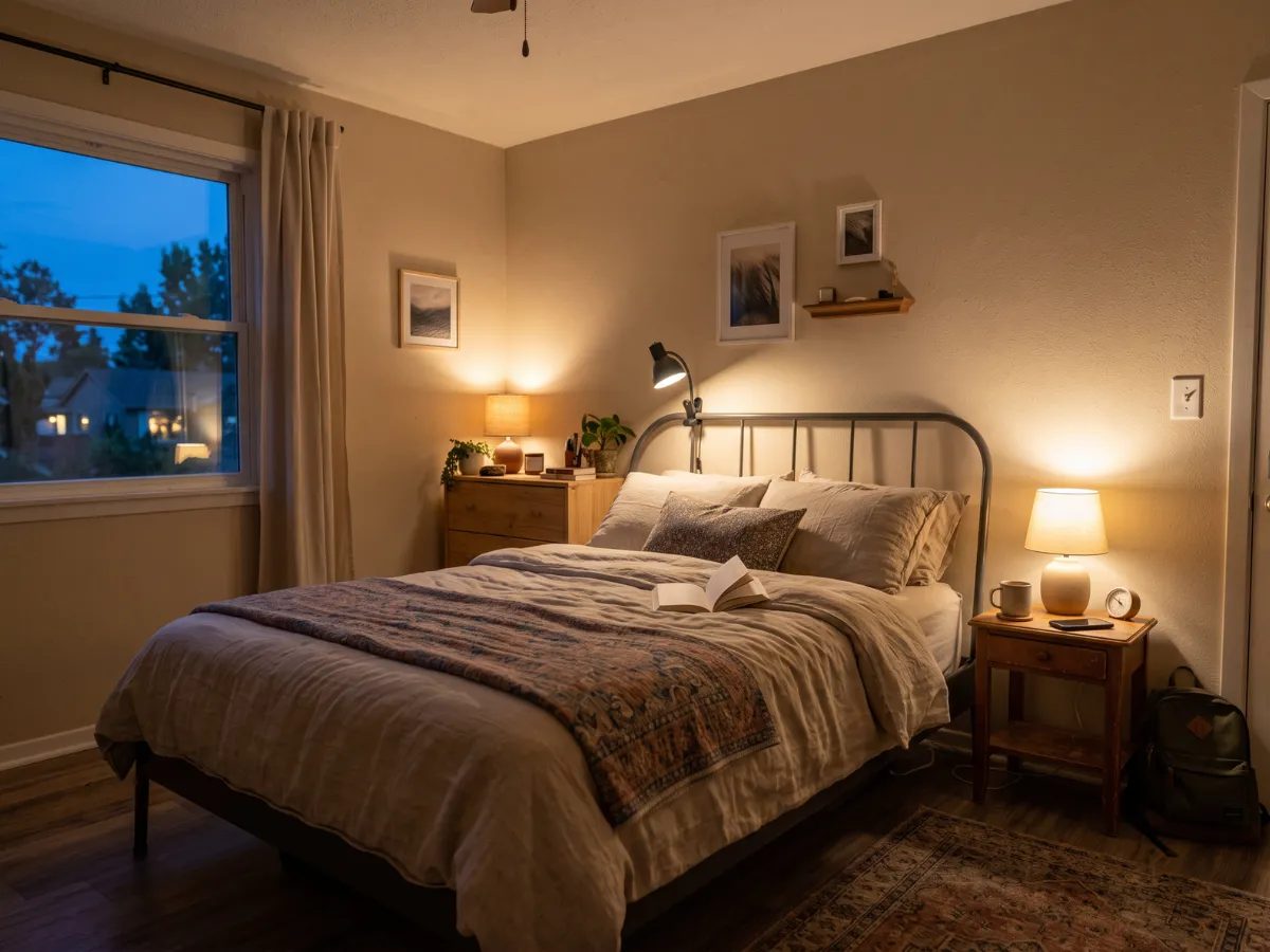 Small bedroom with two warm lamp points glowing at dusk