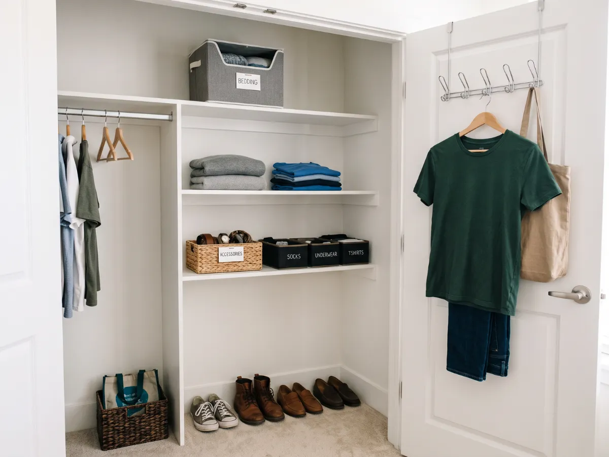 Closet door hooks, top-shelf bin and shoe row