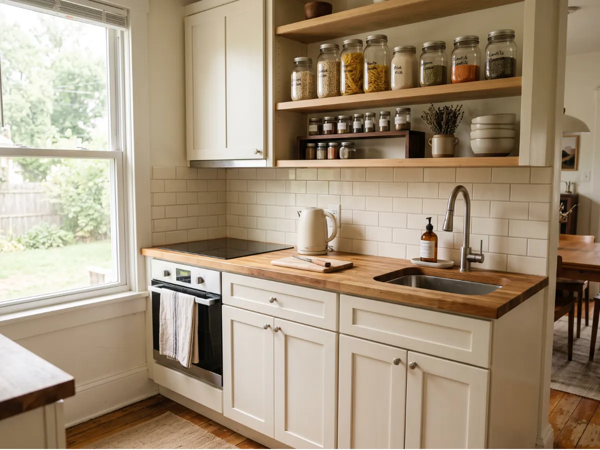 Clear kitchen counter with kettle and organized cabinet above