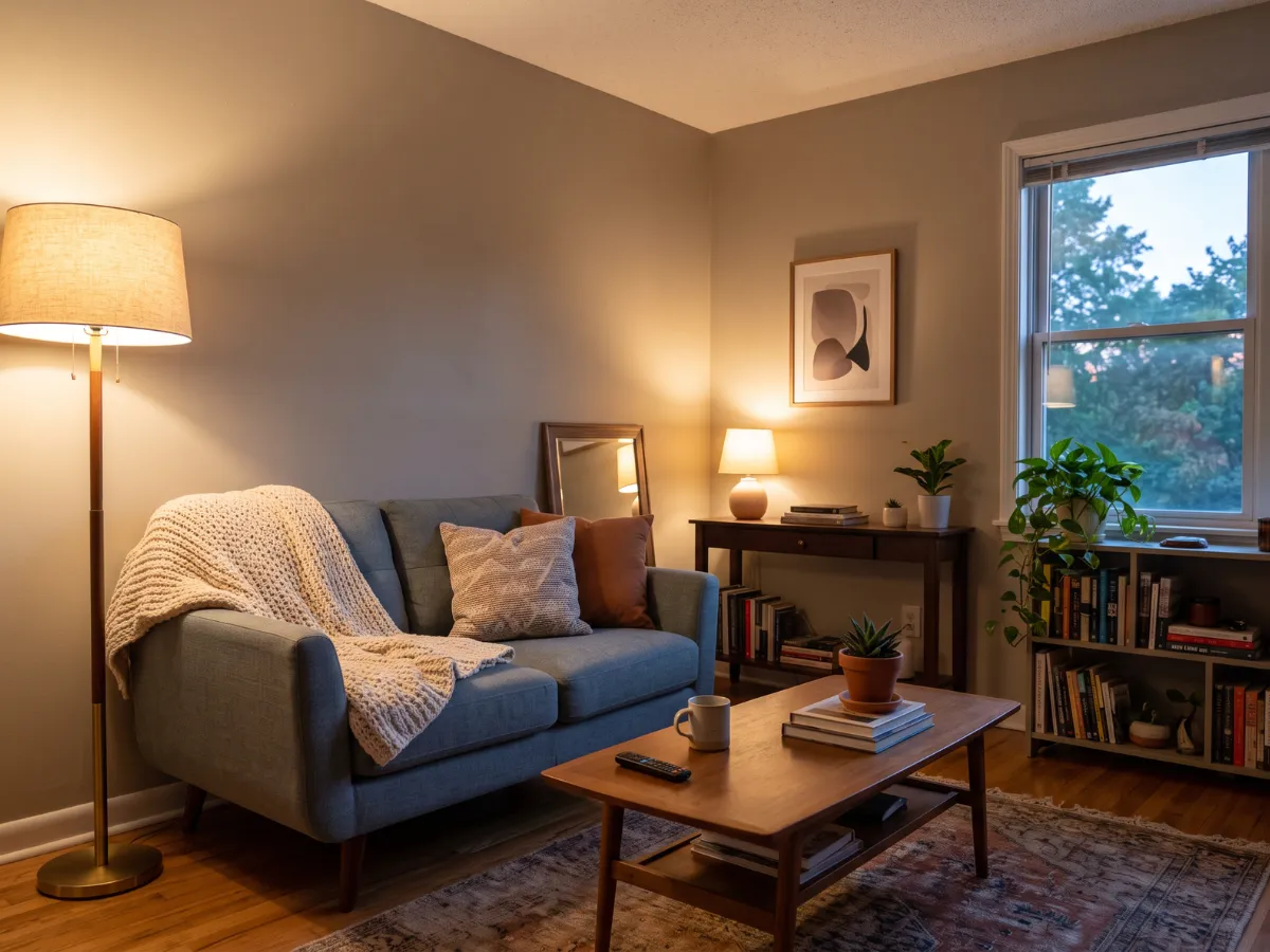 Small living room with two warm lamps glowing at dusk