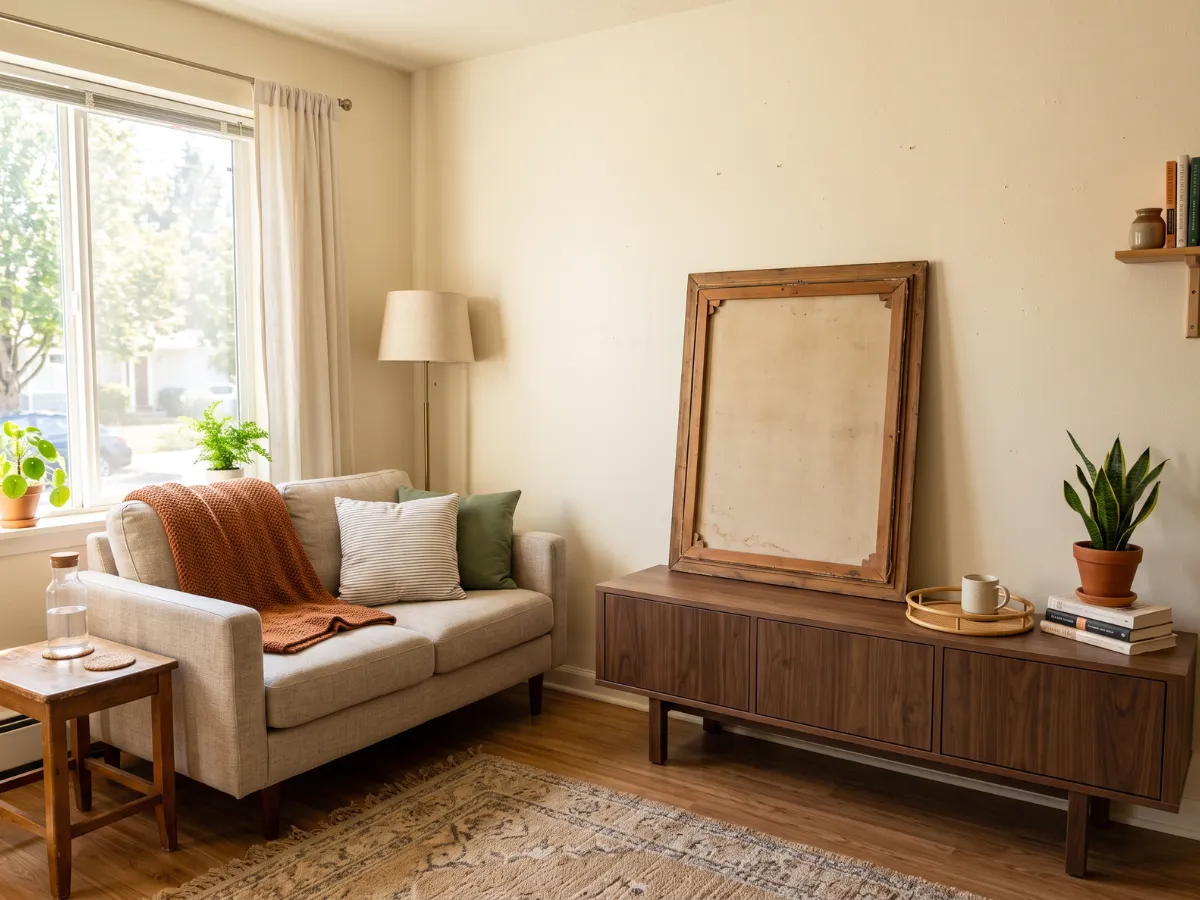 Living room wall with one large leaning frame on console