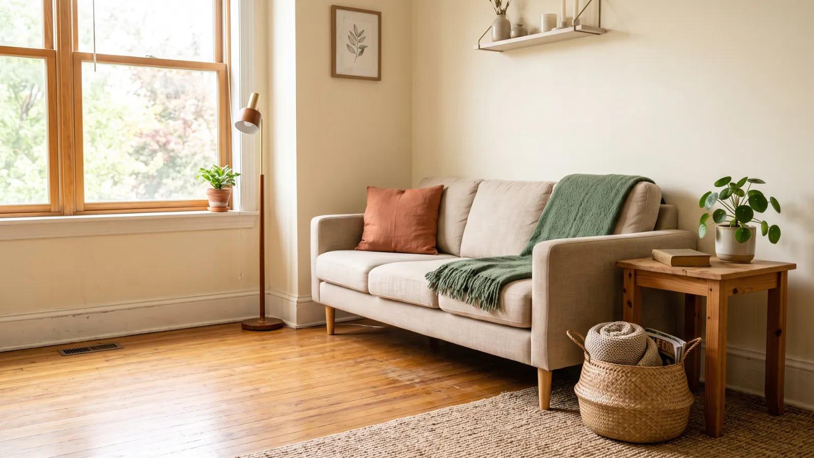Cozy small living room with linen sofa, green throw and houseplant in daylight