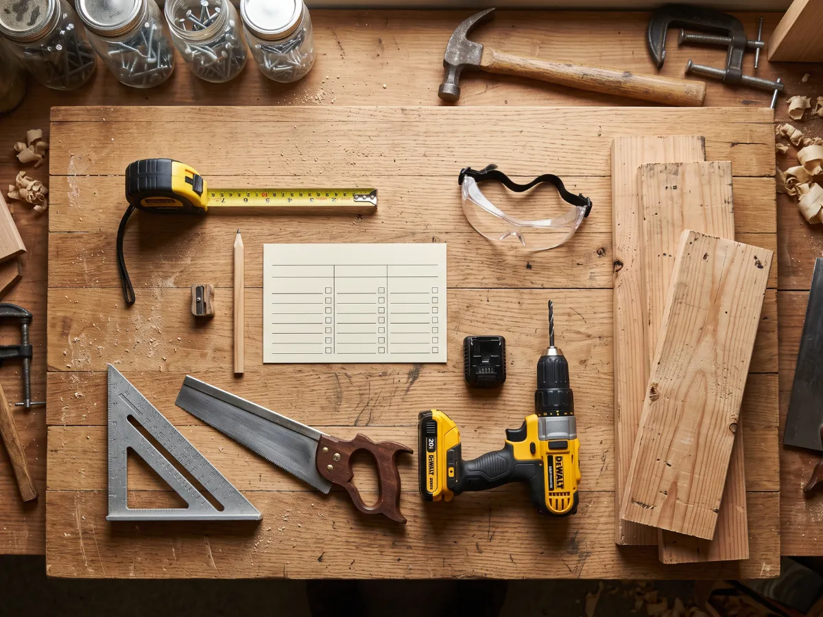 Beginner DIY tools and pine boards laid out on a workbench with cut list