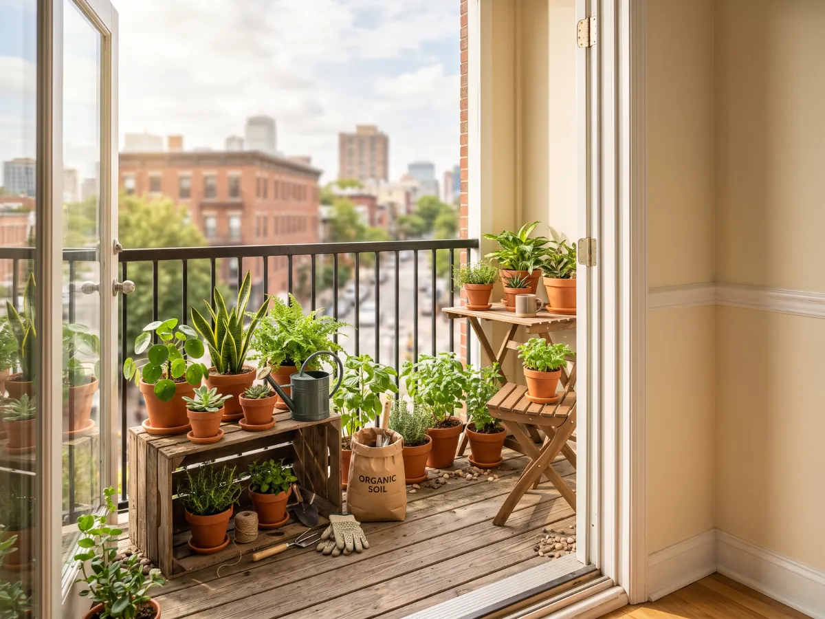 Sunny balcony garden with terracotta pots and leafy green plants