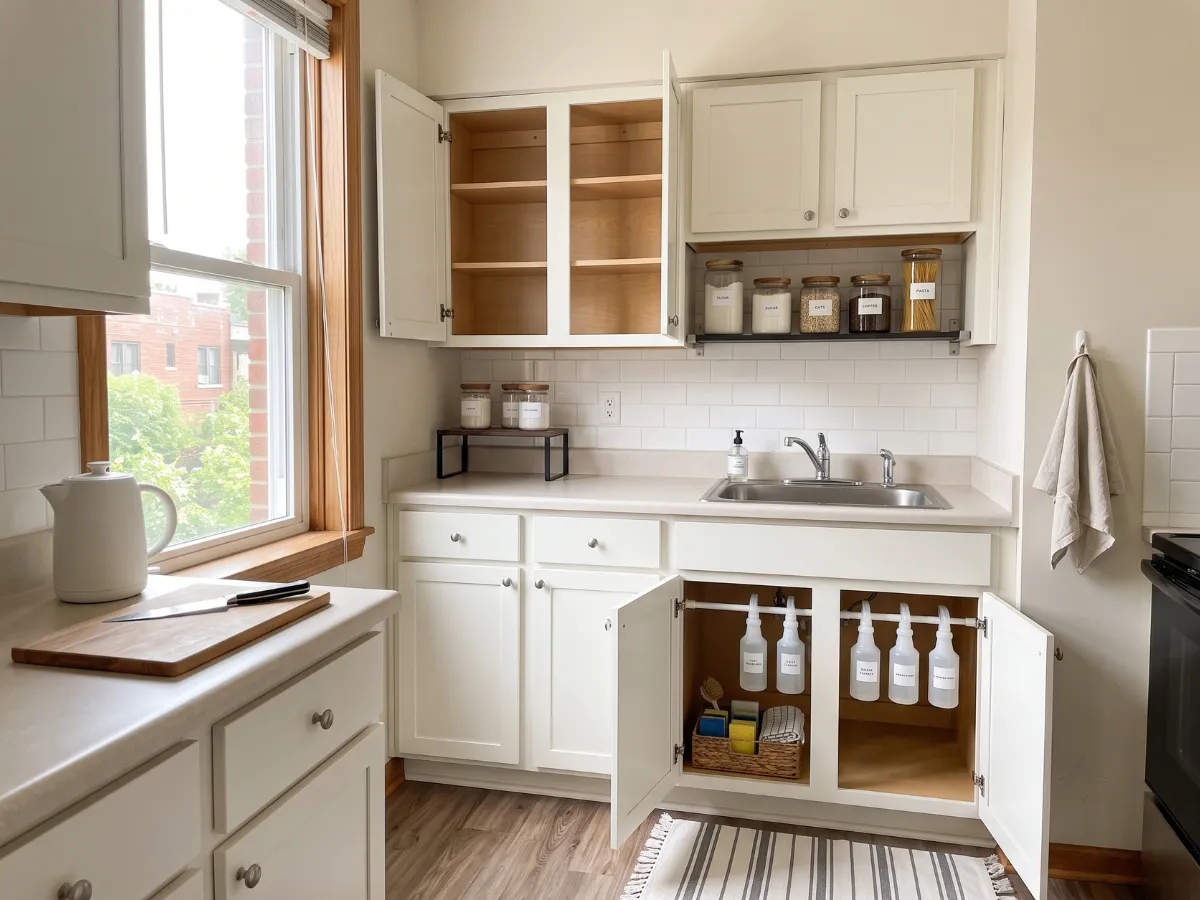 Organized small kitchen with clear counters, shelf riser and labeled jars
