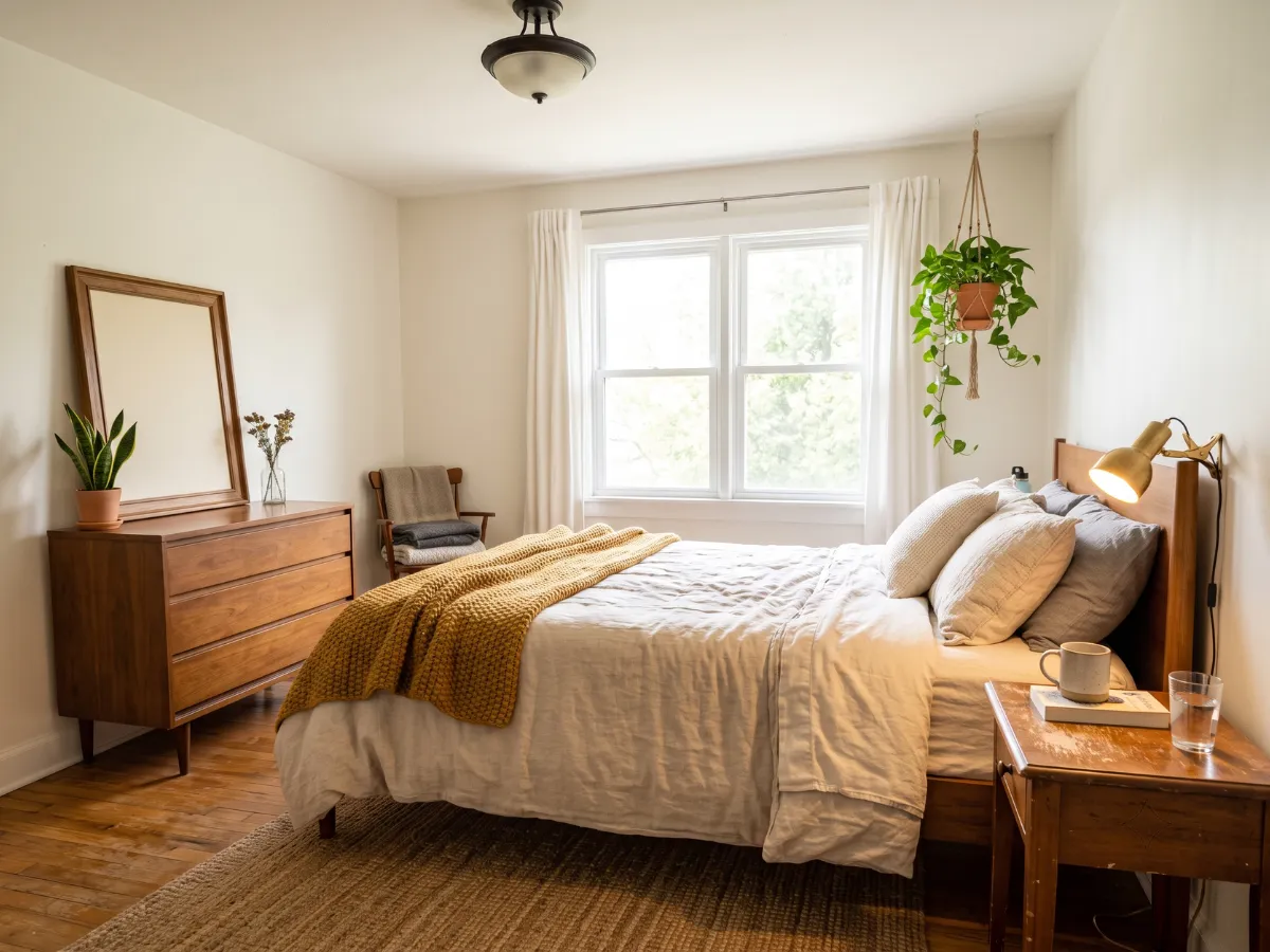 Small cozy bedroom with warm bedding, leaning frame and reading lamp